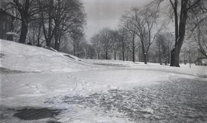 Snow covering the campus green