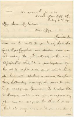 Edward Deeth, at Washington D.C., letter to Anna M. Willson