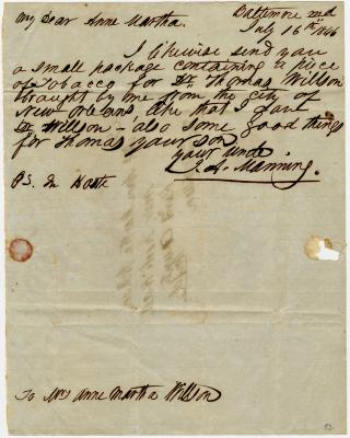 J.A. Manning letter to Anna M. Young Willson