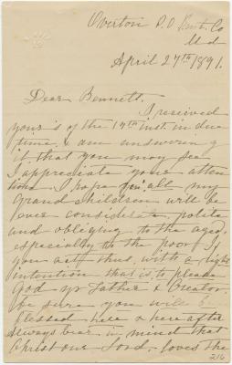 Anna M. Willson, at Kent County, MD, letter to Bennett Willson