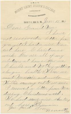 Bennett Willson, at Mount Saint Joseph’s College, letter to Anna M. Willson, at Rock Hall