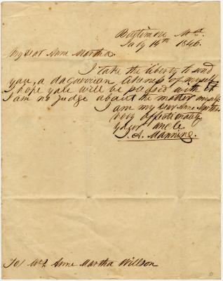J.A. Manning, at Baltimore, letter to Anna M. Young Willson, at Rock Hall