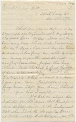 L. P. H. Watkins, at Baltimore, letter to Anna M. Willson