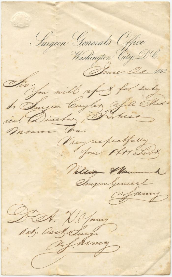 William Hammond, Surgeon General, letter to Dr. Alexander X. Young