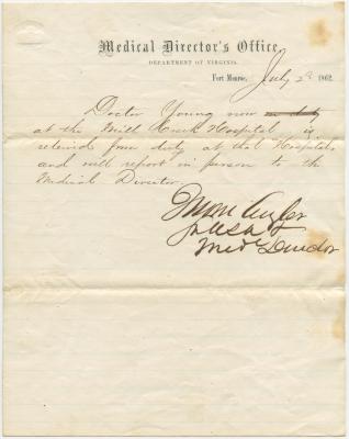 Letter from the Medical Director at Fort Monroe, most likely Dr. Culyer, to Dr. Alexander X. Young