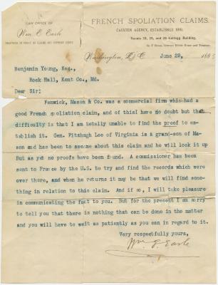 William Earle letter to Benjamin Young at Rock Hall, MD