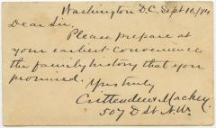 Postal card from Crittenden & Mackey, at Washington, D.C. to Benjamin Young regarding promised family history