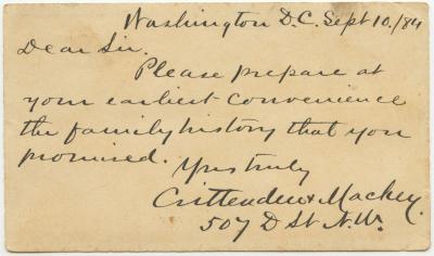 Postal card from Crittenden & Mackey, at Washington, D.C. to Benjamin Young regarding promised family history