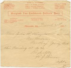 Letter from R. J. Stinson of Maryland Line Confederate Soldiers’ Home to Julia R. Ringgold regarding the death of Benjamin Young