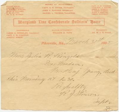 Letter from R. J. Stinson of Maryland Line Confederate Soldiers’ Home to Julia R. Ringgold regarding the death of Benjamin Young