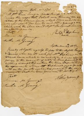 Promissory note for Notley Young to pay Levi Burger and Conway, sixty dollars for construction of a tobacco house