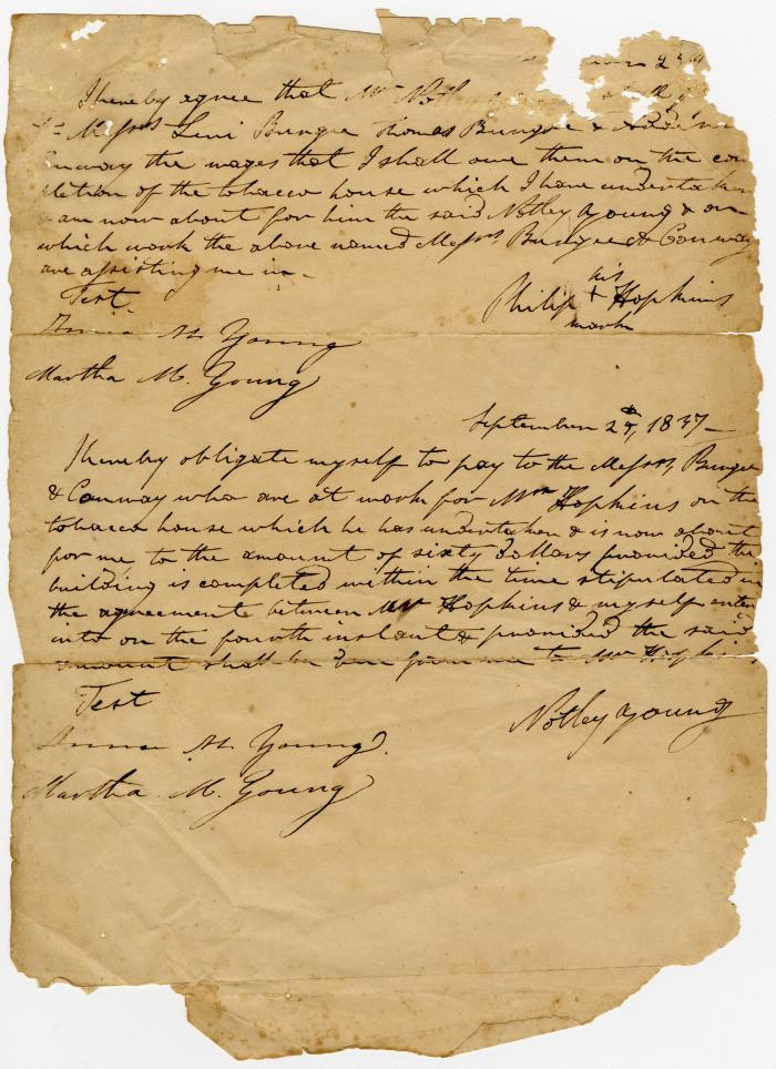 Promissory note for Notley Young to pay Levi Burger and Conway, sixty dollars for construction of a tobacco house