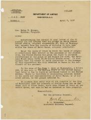 B.M. Parmenter, Assistant Attorney General, Department of Justice, Washington, D.C., letter to Helen W. Greene at Byrdton, VA