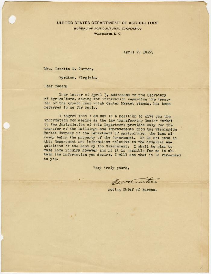 Letter from the Acting Chief of Bureau, USDA to Loretta Turner at Byrdton, VA