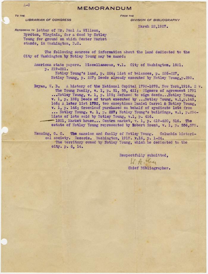 H. A. Slade of Library of Congress memorandum to Paul A. Willson