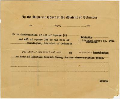Order for appearance at Supreme Court of District of Columbia as heir of Ignatius Fenwick Young