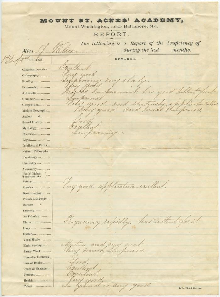 Mount St. Agnes' Academy, Mount Washington, Baltimore, report for Julia Willson
