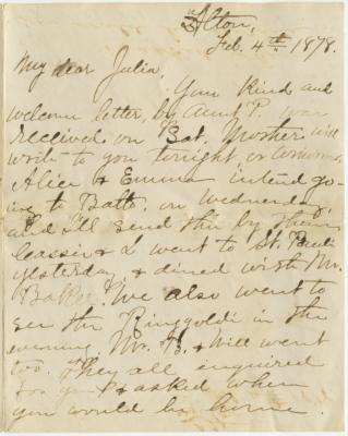 Horace Willson, at Alton, letter to Julia Willson at Baltimore