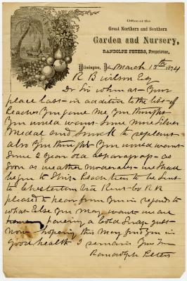 Randolph Peters, Great Northern & South Garden & Nursery, Wilmington, Delaware, letter to R.B. Willson, regarding shipment of asparagus and peach trees