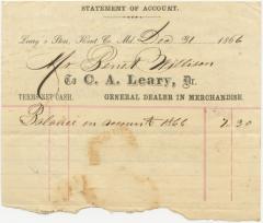 Bennett Willson's account balance statement to C.A. Leary’s store, Kent County