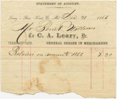 Bennett Willson's account balance statement to C.A. Leary’s store, Kent County