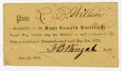 R.B. Willson's one round trip railroad pass on Kent County Railroad as stockholder