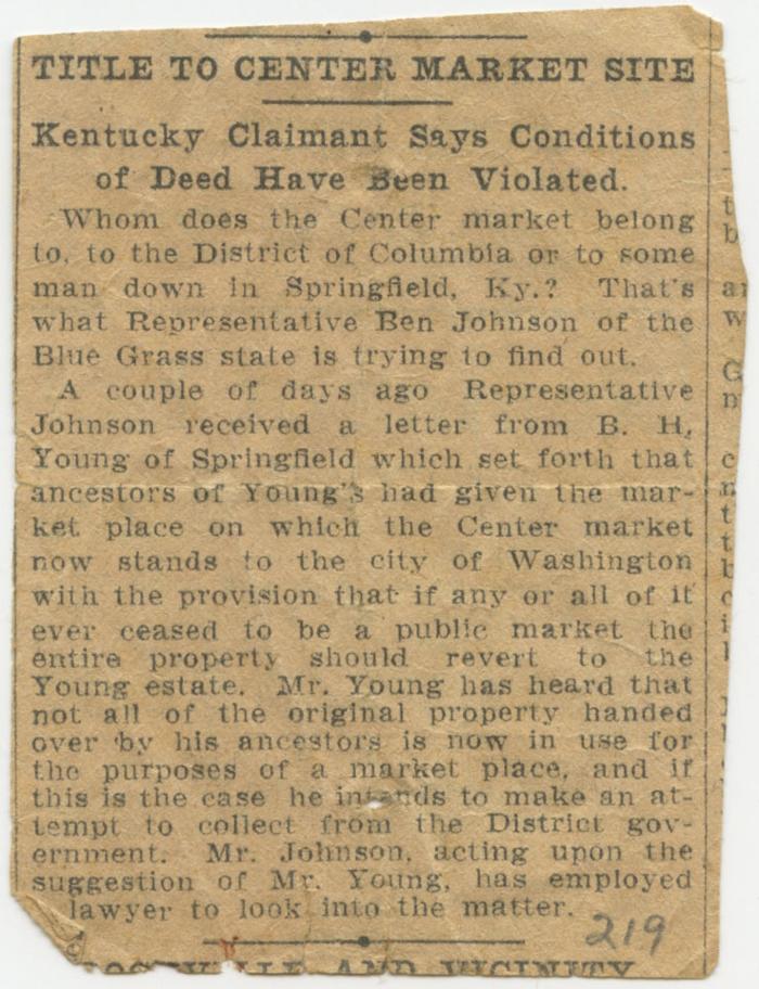 "Title to Center Market Site" newspaper clipping