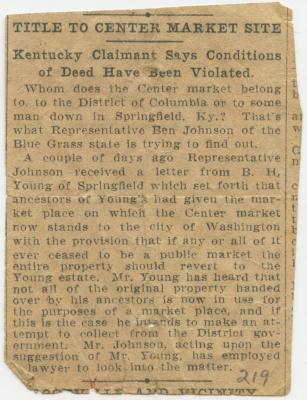 "Title to Center Market Site" newspaper clipping