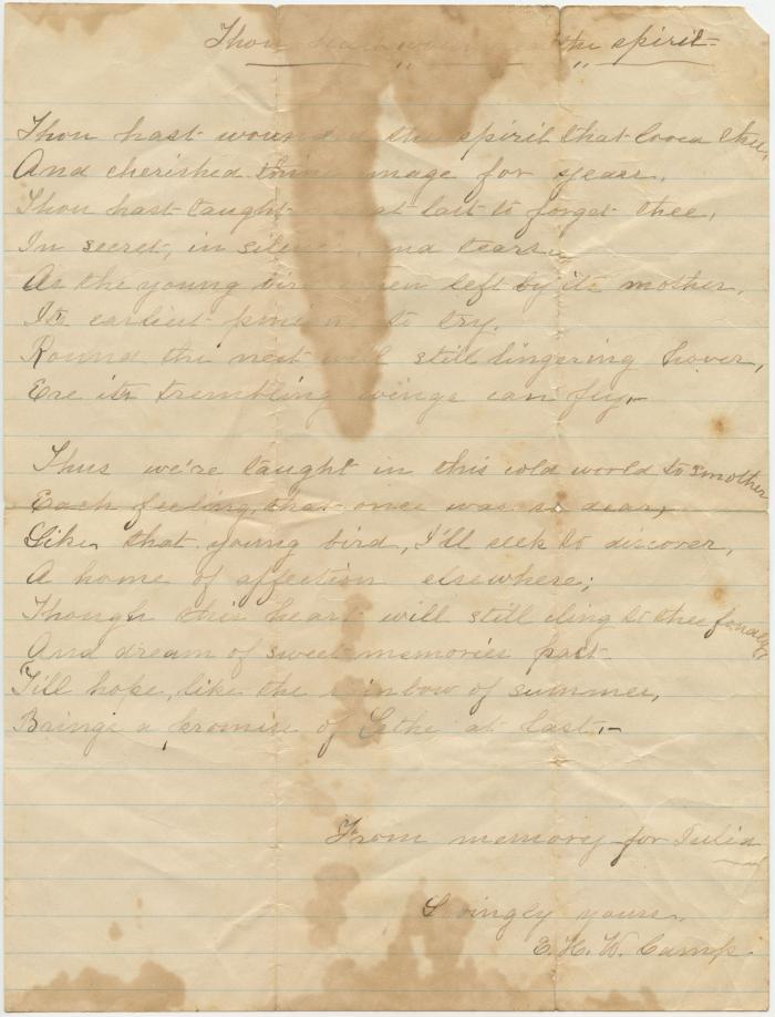 Poem "Thou Has Wounded the Spirit That Loved Thee" written from memory by E. H. W. Camp for Julia