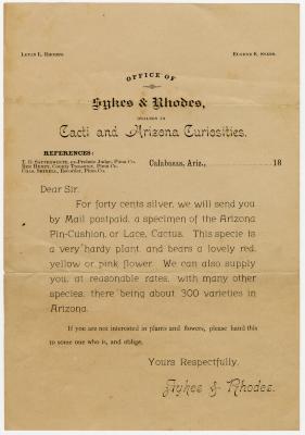 Sykes & Rhomdes, dealers in Cacti & Arizona curiosities advertisement