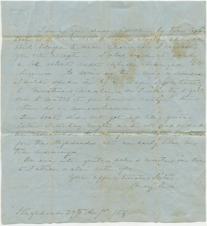 Letter from Mary L. at Highland to Carroll regarding sending vests by boat