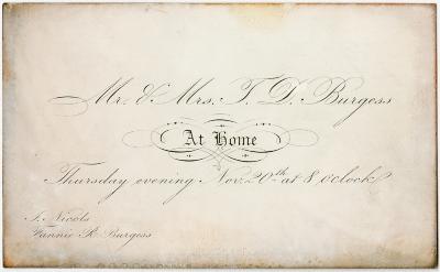 Invitation to Miss Martha Willson from Mr. & Mrs. T. B. Burgess at home for Thursday evening