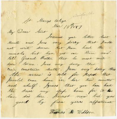 Thomas B. Willson, at St. Mary's College, letter to Martha N. Willson at Rock Hall, MD