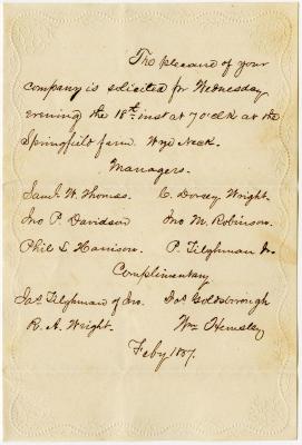 Invitation to Martha N. Willson to the Springfield Farm, Wye Neck from Sam. W. Thomas and others