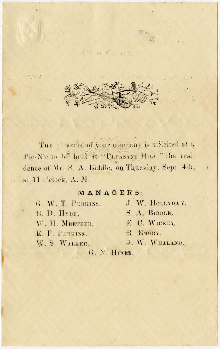 Invitation from S .A. Biddle to picnic at “Pleasant Hill” residence