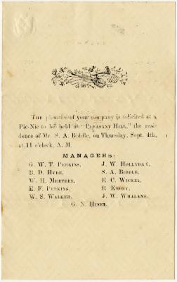 Invitation from S .A. Biddle to picnic at “Pleasant Hill” residence
