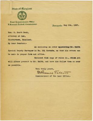 D. Russell Talbott, Commissioner, State of Maryland Land Commissioners Office letter to S. Scott Beck