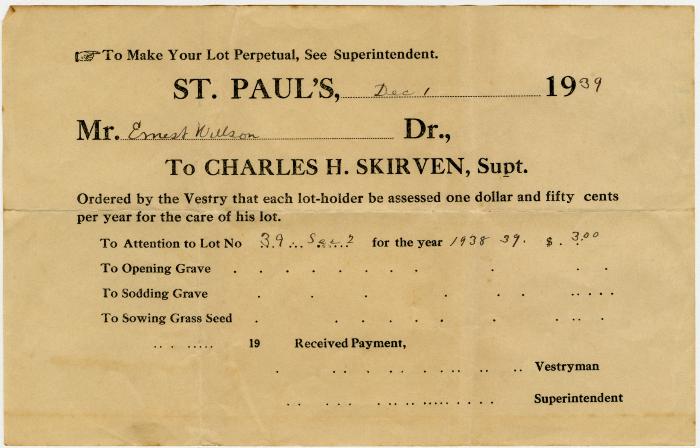 Ernest Willson receipt to St. Paul’s Vestry for care of lot