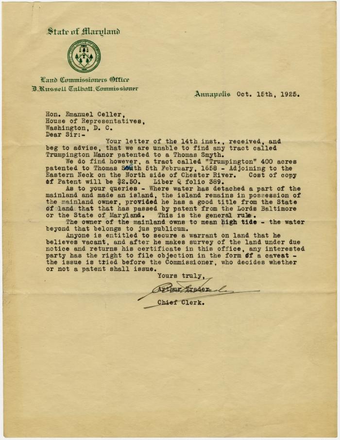 Arthur Trader, Chief Clerk, State of Maryland Land Commissioners Office letter to Emanuel Celler, House of Representatives, Washington DC