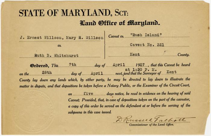 State of Maryland Land Office notice in J. Ernest Willson and Mary R. Willson vs. Ruth B. Whitehurst regarding “Rush Island” caveat