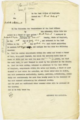 Maryland Land office documents in “Rush Island” caveat J. Ernest Willson and Mary R. Willson vs. Ruth B. Whitehurst