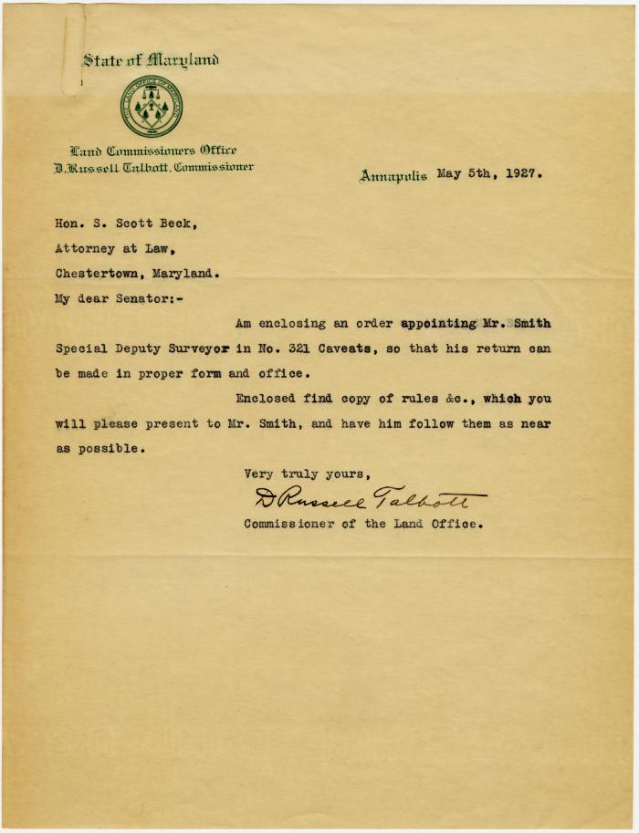 D. Russell Talbott, Commissioner, State of Maryland Land Commissioners Office letter to S. Scott Beck