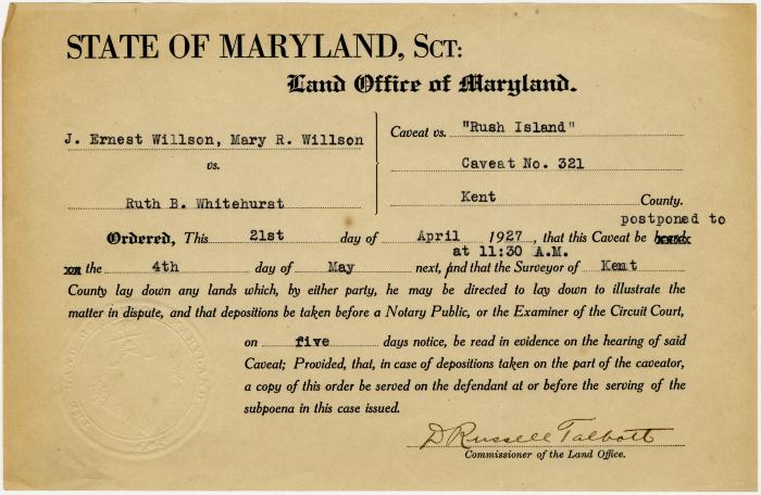 State of Maryland Land Office notice in J. Ernest Willson and Mary R. Willson vs. Ruth B. Whitehurst regarding “Rush Island” caveat