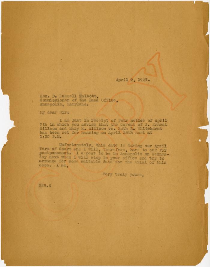 S. Scott Beck letter to D. Russell Talbott, Commissioner, State of Maryland Land Commissioners Office