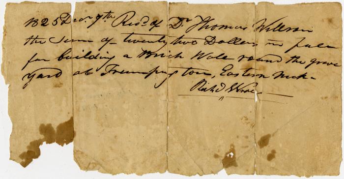 Receipt from Richard Roe for building brick wall around graveyard at Trumpington