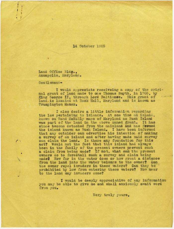 Emanuel Celler, House of Representatives, Washington DC, letter to State of Maryland Land Commissioners Office