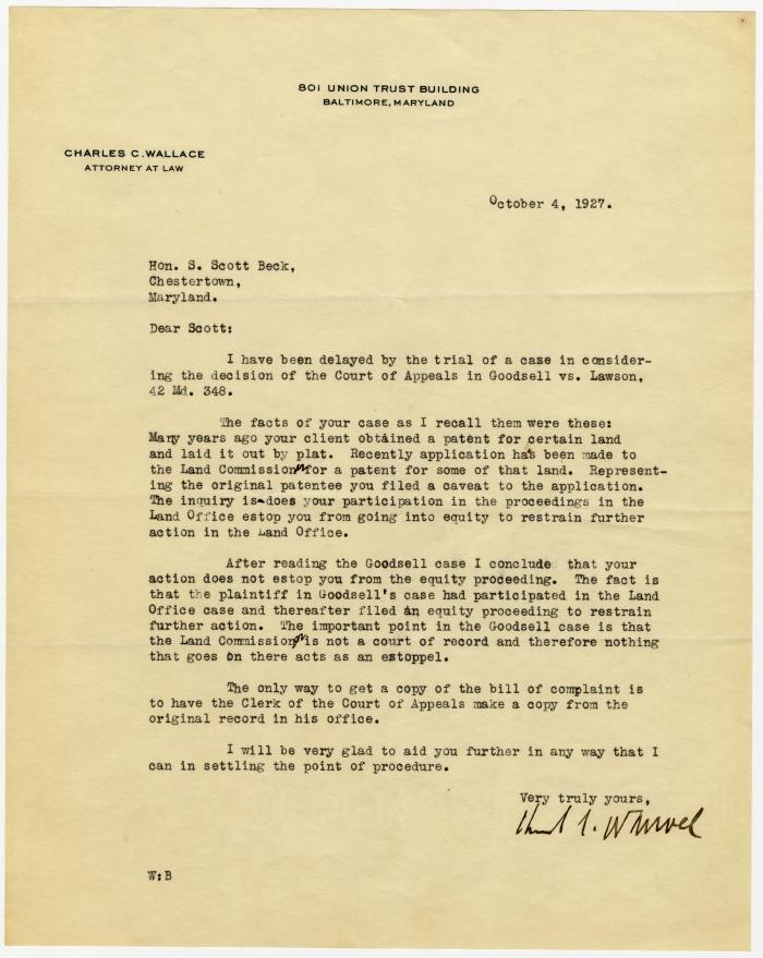 Charles C. Wallace, at Baltimore, letter to S. Scott Beck