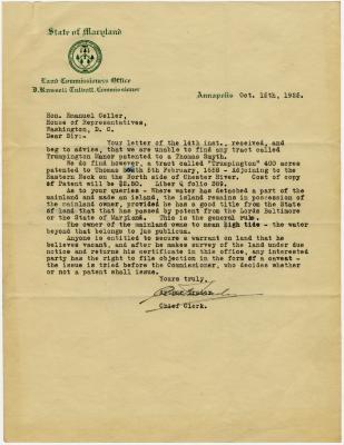 Arthur Trader, Chief Clerk, State of Maryland Land Commissioners Office letter to Emanuel Celler, House of Representatives, Washington DC
