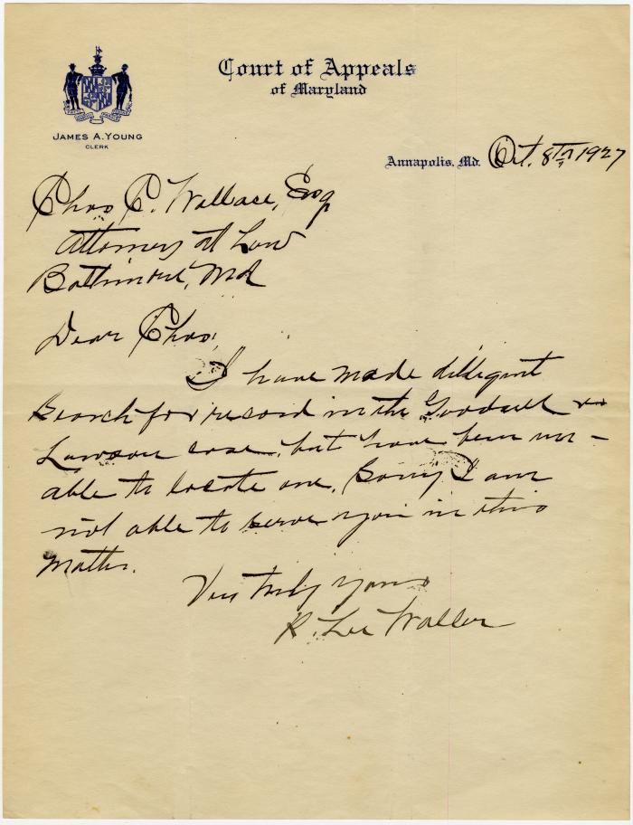R. Lee Waller, Court of Appeals of Maryland, at Annapolis letter to Charles C. Wallace, at Baltimore