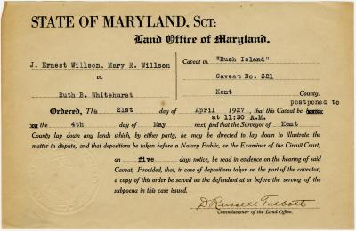 State of Maryland Land Office notice in J. Ernest Willson and Mary R. Willson vs. Ruth B. Whitehurst regarding “Rush Island” caveat